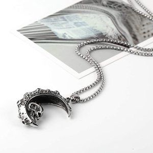 Gothic Moon Crescent Skull Stainless Steel Pendant Necklace 22+2 Inch Chain